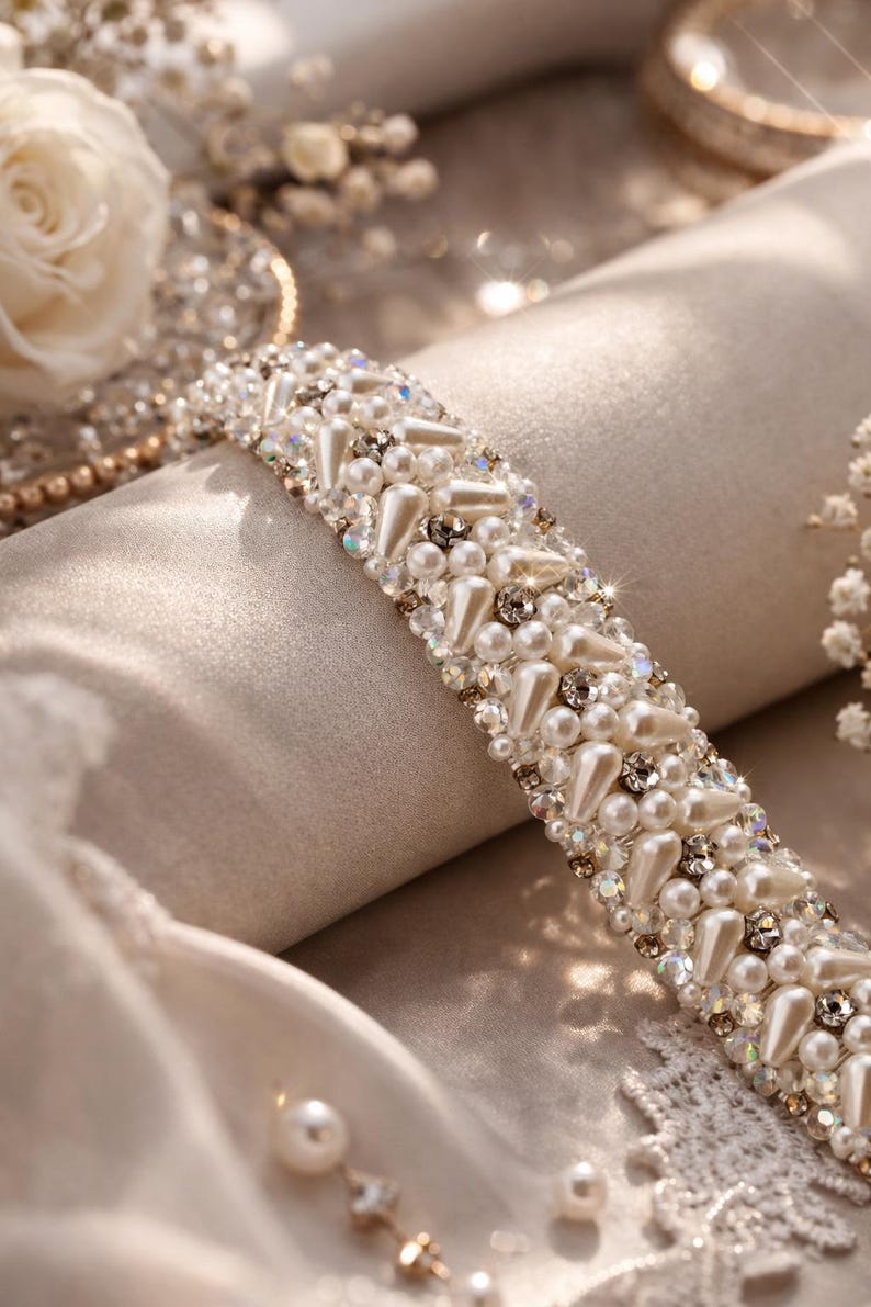Handmade Pearl & Crystal Wedding Belt, Thin Bridal Sash image 1