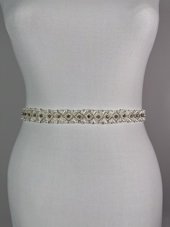 handcrafted pearls crystals and beads bridal sash Boho Pearls & Crystal Leaves Floral Gold Flower Vine Bridal  main image 4