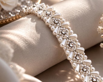 Handmade Pearl Bridal Belt, Thin Beaded Wedding Sash, Crystal Detail