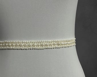Handmade Pearl Bridal Belt, Thin Beaded Wedding Sash
