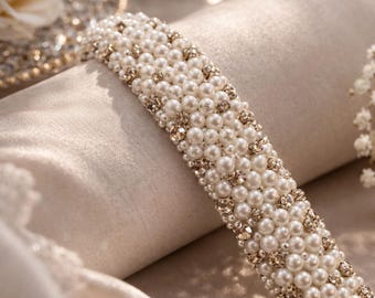 Wide Pearl Bridal Belt, Crystals, Wedding Dress Sash
