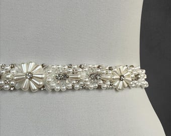Handmade Pearl Wedding Belt, Thin Bridal Sash (1" Wide)
