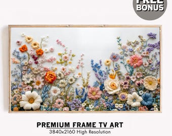 Colorful Flowers for Spring Instant Download | Wildflower Floral Embroidery Textured Art for TV |  Spring Frame Tv Art Digital Download