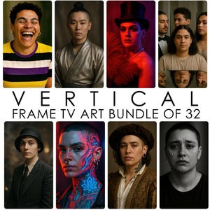 Puede incluir: Una colección de retratos en formato vertical, con diversos sujetos y expresiones. Las imágenes muestran una variedad de estilos, desde la alegría hasta la contemplación. El texto "VERTICAL FRAME TV ART BUNDLE OF 32" está presente.