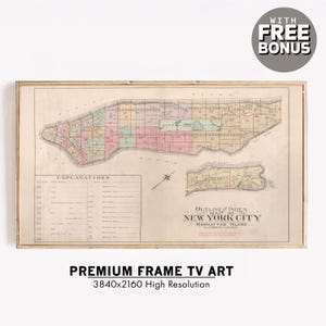 Cornice Tv Art / Mappa d'epoca del 1897 dell'isola di Manhattan, New York City / Distretto finanziario di New York Wallstreet / Arte murale digitale / Opera d'arte antica