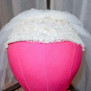 Ivory Beaded and Lace Headband and Veil, Vintage Veil Made by Priscilla of Boston