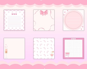 Puede incluir: Seis diseños de blocs de notas imprimibles o digitales en rosa con corazones, lazos y un patrón de cuadrícula. El texto "Printable / Digital Memo Pads" está en la parte superior de la imagen. El texto "Instant PDF & PNG downloads Ready to print or use digitally" está en la parte inferior de la imagen.