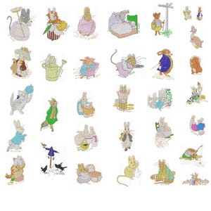 Könnte beinhalten: Eine Sammlung gestickter Illustrationen mit verschiedenen Tieren in skurrilen Szenen. Die Bilder zeigen Kaninchen, Mäuse und andere Kreaturen, die jeweils in detaillierten, farbenfrohen Outfits und Umgebungen dargestellt sind. Der Stil erinnert an klassische Kinderbuchillustrationen.