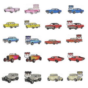 Könnte beinhalten: Eine Sammlung gestickter Oldtimer in verschiedenen Farben, darunter Rosa, Blau, Gelb und Rot. Jedes Auto ist mit einem Straßenschild mit einer Nummer wie 55, 66 und 32 versehen. Die Autos sind im Cartoon-Stil dargestellt.