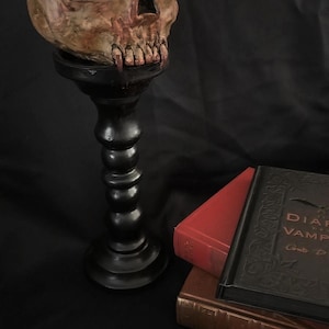 May include: A detailed skull prop on a black stand, with books and a candle nearby. The skull has a realistic, aged appearance with reddish hues. The books have red and brown covers, and one is labelled "Diaries of the Vampire."
