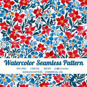 Red and Blue Floral Watercolor Seamless Pattern - Spring Flowers, Vibrant Floral Print for Fabric, Wallpaper, Home Decor, DIY Projects