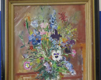 Cuadro al óleo floral vintage sobre lienzo, jarrón con ramo enmarcado – Francia