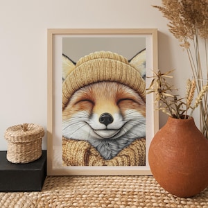 Fox, Beanie, Poster, Fox Poster, Printable Wall Art, Digital Art Print, Fox wearing Beanie,Home Decor,Downloadable Poster,Positive Vibes,PNG