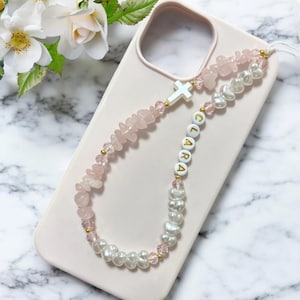 Breloque pour téléphone personnalisée avec pierres précieuses chrétiennes, sangle de téléphone croix, quartz rose, nom chaîne de téléphone, breloque pour téléphone en perles de Jusus, sangle de téléphone personnalisée
