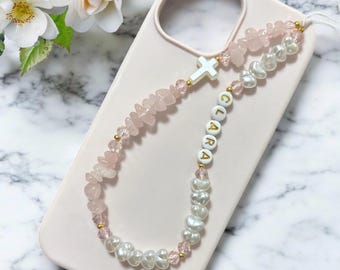 Breloque pour téléphone chrétienne quartz rose personnalisée avec perles croisées pour téléphone