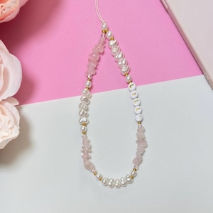 Rose Quartz Phone Charm with Faux Pearls and personalised name custom phone strap