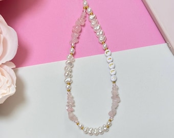 Rose Quartz Phone Charm with Faux Pearls and personalised name custom phone strap