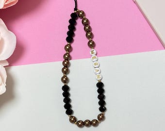 Personalised Pearl Beaded Phone Charm Custom Black Crystals Beaded Strap With Name