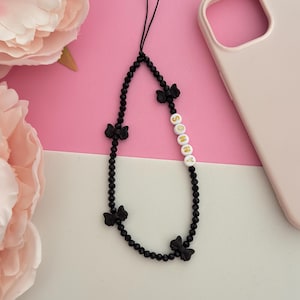 Personalised Black Phone Charm Crystal Beaded Phone Strap Custom Bow Wrist With Name