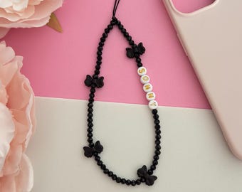 Personalised Black Phone Charm Crystal Beaded Phone Strap Custom Bow Wrist With Name
