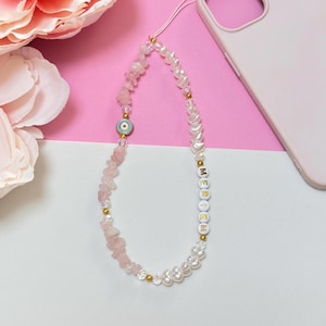 Rose Quartz Phone Charm Devil Eye Beaded Phone Strap Custom Name