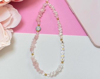 Rose Quartz Phone Charm Devil Eye Beaded Phone Strap Custom Name