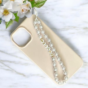 Personalised Pearl Beaded Phone Charm Custom Name Phone Strap White Wristlet