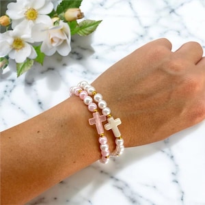 Pulsera cristiana con perlas y cruz, joyería religiosa