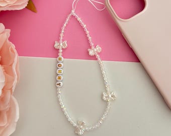 Personalised Bow Phone Charm Crystal Beaded Phone Strap with Custom Name