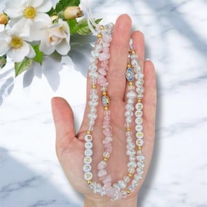 Charm pour téléphone en quartz rose, pierres précieuses, cristaux pour téléphone, chaîne pour téléphone, oeil du diable, breloque pour téléphone en perles, sangle pour téléphone personnalisée, breloque pour téléphone personnalisée