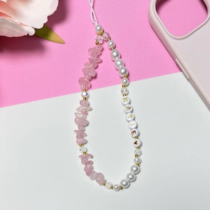 Custom Rose Quartz Phone Charm Personalised Pearl Beaded Phone Strap With Name