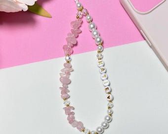 Custom Rose Quartz Phone Charm Personalised Pearl Beaded Phone Strap With Name