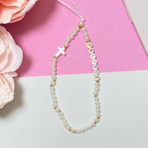 Christian Pearl Phone Charm Strap Personalised Cross Beaded Phone Chain with Name