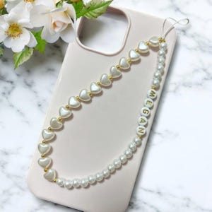 Personalized Phone Charm Gemstone Beaded Phone Charm Custom Pearl Phone Charm Personalised Phone Strap Heart Beads Phone Chain With Name