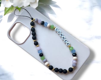 Custom Phone Charm Black Beads Strap Pearl Beaded Custom Chain Crystal Personalised Name Wristlet