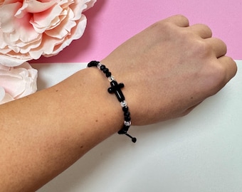 Christian Bracelet Black Crystal Religious Jewellery Cross Beaded Bracelet