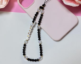 Custom Black Phone Charm, Crystal Beaded Wrist Strap, Personalised Camera Lanyard