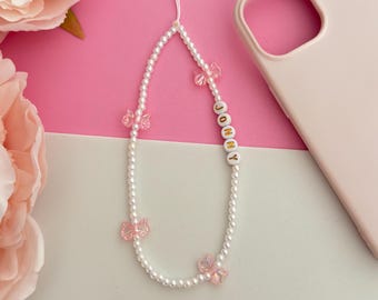 Personalised Pink Bow Phone Charm Pearl Beaded Phone Strap with Custom Name