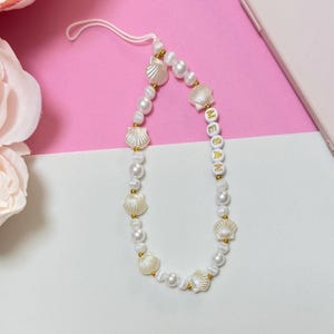 Personalised Phone Charm Seashell & Pearl Beaded Phone Strap Custom Name
