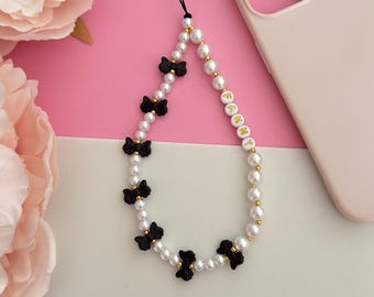 Personalised Black Bow Phone Charm Pearl Beaded Phone Strap with Custom Name