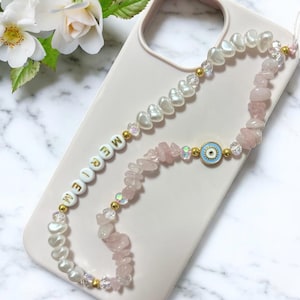 Breloque pour téléphone en quartz rose, pierres précieuses, cristaux de breloque pour téléphone, chaîne pour téléphone, breloque pour téléphone en perles de quartz rose, breloque pour téléphone personnalisée, breloque pour téléphone personnalisée