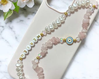Rose Quartz Phone Charm with Pearls - Devil Eye Custom Beaded Phone Chain