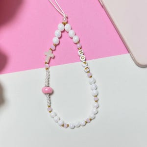 Personalised Christian Phone Charm Beaded Cross Phone Strap Faux Pearl Custom Wristlet