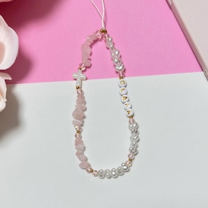 Rose Quartz Christian Phone Charm Personalised Cross Beaded Phone Strap