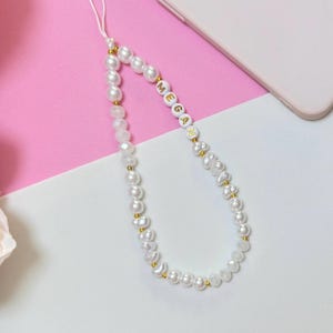 Personalised White Pearls Phone Charm Custom Name Beaded Phone Strap Bridal Gift