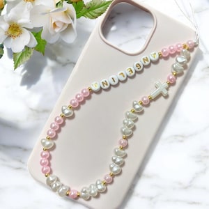 Breloque pour téléphone, pierres précieuses roses, dragonne pour téléphone, cristaux de guérison croisée, chaîne pour téléphone, perles Jusus, dragonne pour téléphone rose, breloque pour téléphone personnalisée