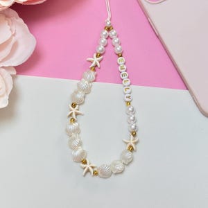 Personalised Shell Phone Charm Pearl Beaded Custom Name Phone Wrist Strap