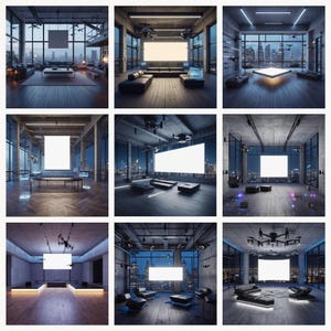 May include: Nine different images of a modern loft apartment with large windows and a city view. Each image features a blank white screen in the center of the room, with furniture and lighting around it.