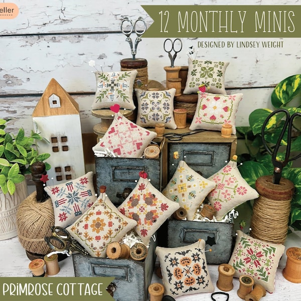 12 Monthly MINIS counted cross stitch by Primrose Cottage stitches - in stock Nashville Needlework Market 2024