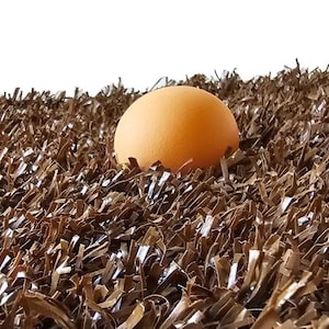 May include: A single orange egg sits on a bed of brown artificial grass.